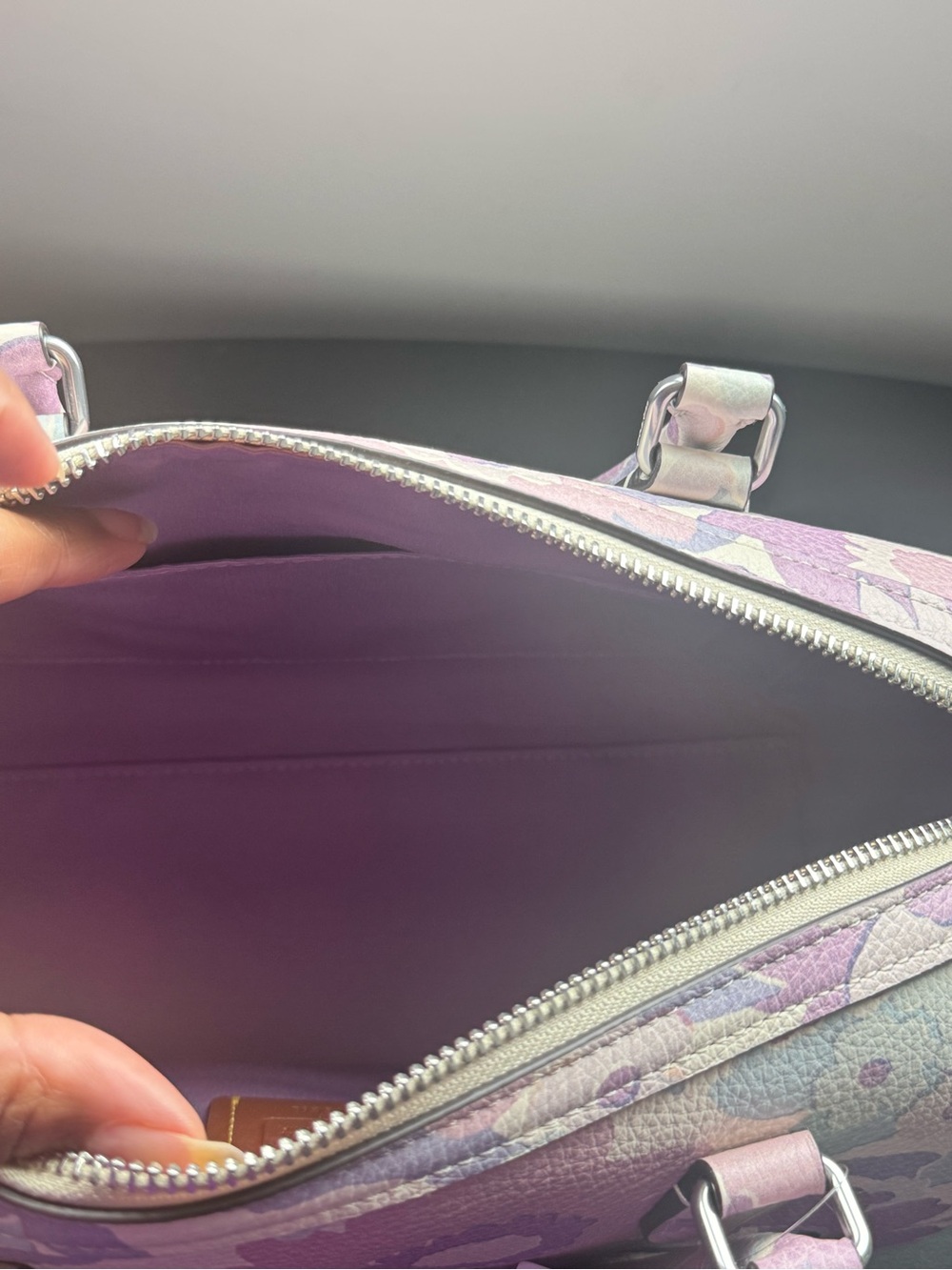 COACH Signature Canvas Satchel Wallet Set w/ Floral Print In Silver/Ivory/Purple - Picture 5 of 9